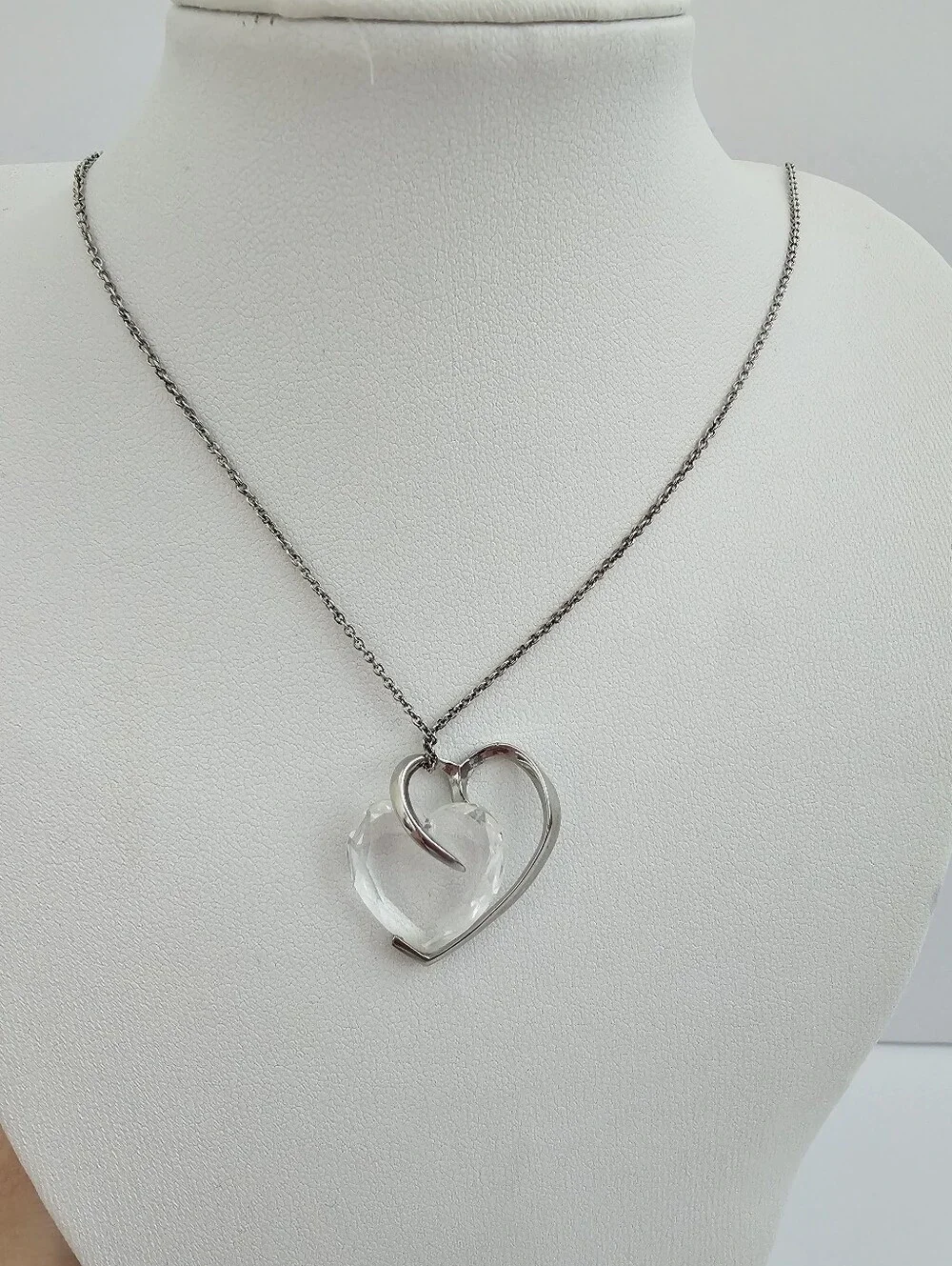 Vintage Italian Sterling Silver Clear Faceted Glass Heart Pendant Necklace, 925